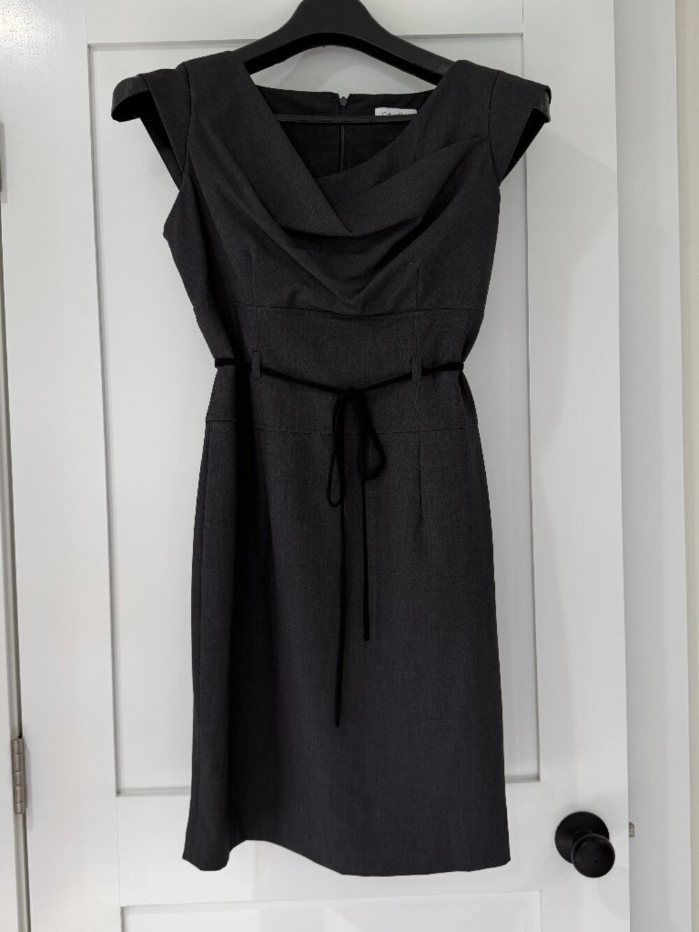 Calvin Klein Gray Belted Sheath Dress Size 8 Draped Neck Cap Sleeve